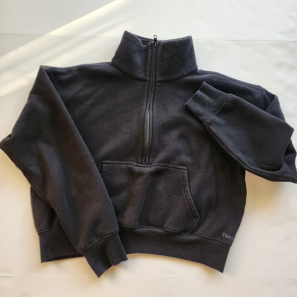 TNA‎ Sweatfleece Boyfriend Fit Black Half-Zip Sweatshirt